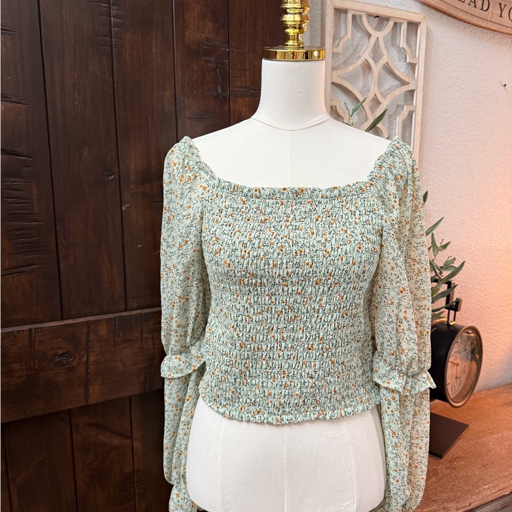 Wild Fable Floral Smocked Blouse - Light Green